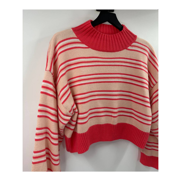 Cherry AKA Coral and Pink Striped Cropped Mock Neck Sweater Size Large - Picture 2 of 5